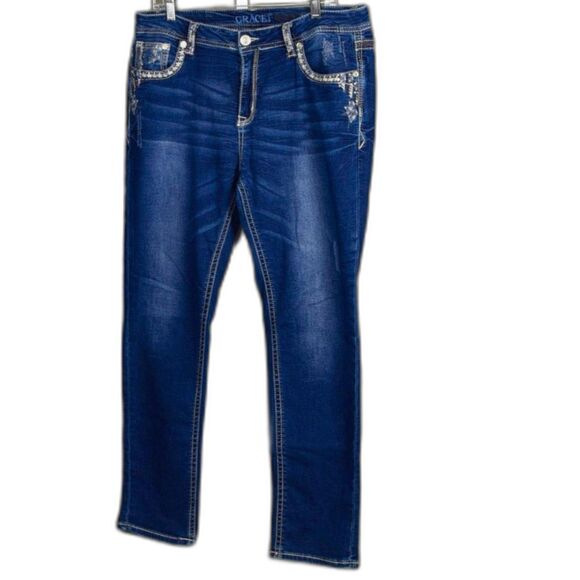 Grace in LA Floral Embroidered Taped Leg Dark Wash Distressed Jeans Size 34 - Picture 1 of 4